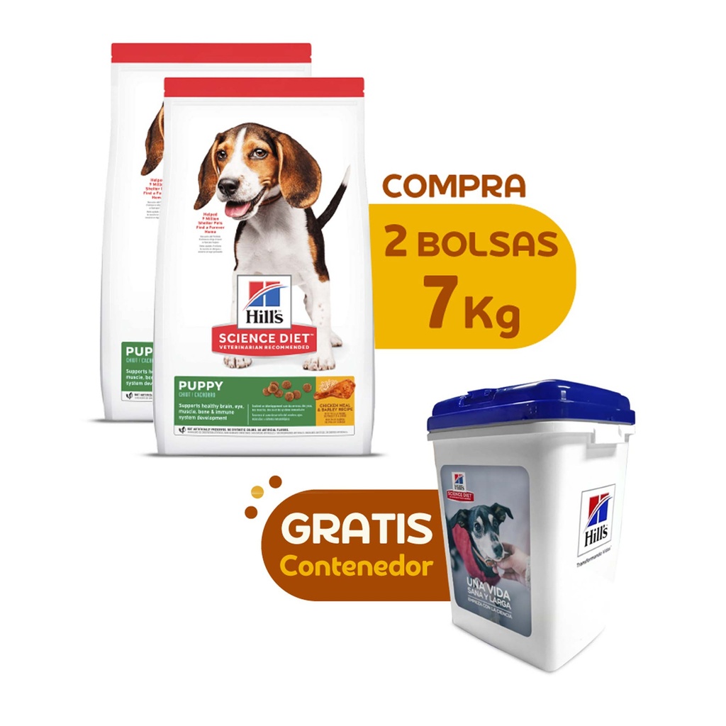 HILLS SCIENCE DIET PUPPY, CACHORRO OFERTA 2 BOLSAS DE 7 KG + CONTENEDOR