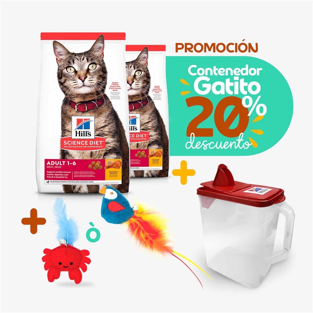 SD FELINE ADULT OPTIMAL CARE 4 LB (1.8 K) + JUGUETE + CONTENEDOR GATO