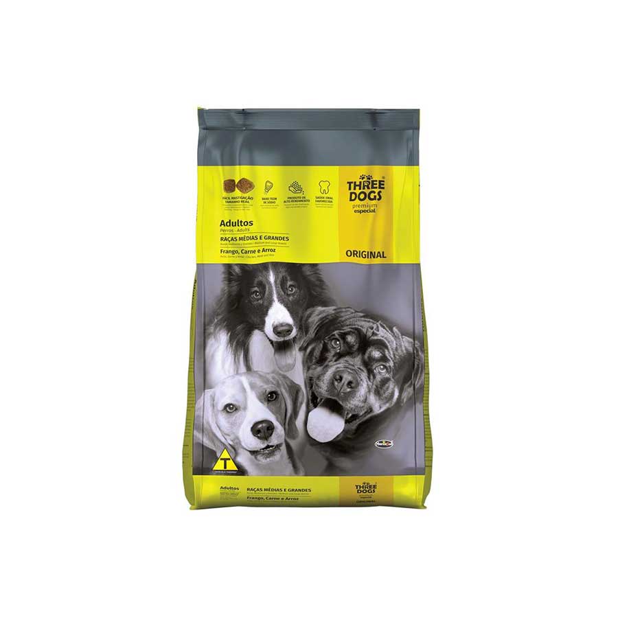 THREE DOGS PREMIUM ADULTO RAZA MEDIANA Y GRANDE POLLO, CARNE  Y ARROZ