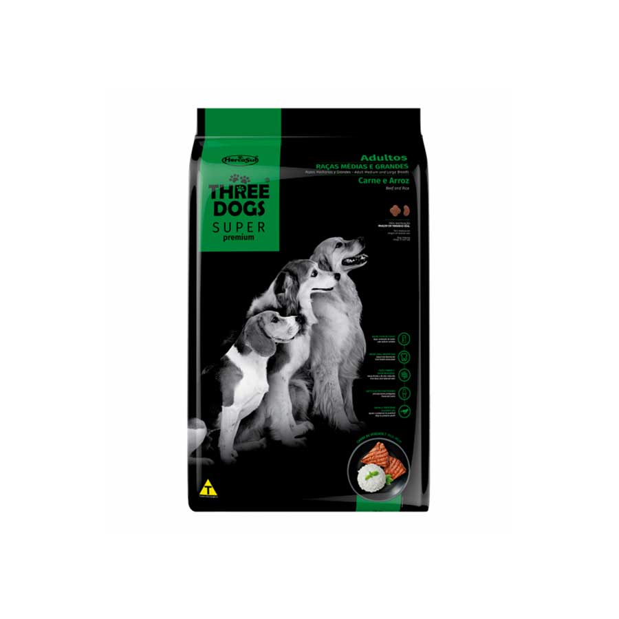 THREE DOGS SUPER PREMIUM ADULTO RAZA MEDIANA Y GRANDE CARNE Y ARROZ