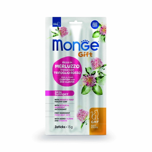 Monge Gift Soft Sticks Skin support Cat Adult - Bacalao y Trebol Rojo