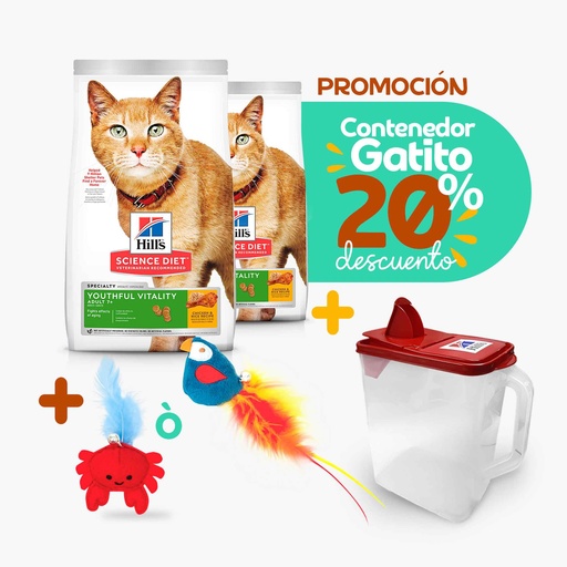 SD FELINE ADULT 7+ YOUTHFUL VITALITY 3 LB + JUGUETE + CONTENEDOR GATO