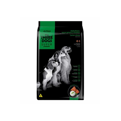 THREE DOGS SUPER PREMIUM ADULTO RAZA MEDIANA Y GRANDE CARNE Y ARROZ